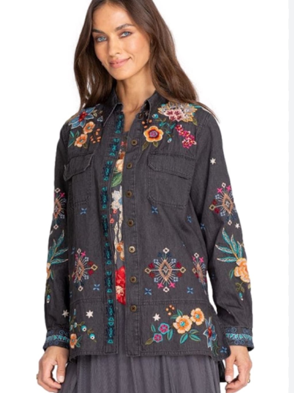 Johnny Was Francisca Denim Shirt Jacket Embroidered Women’s Sz XL Lightweight